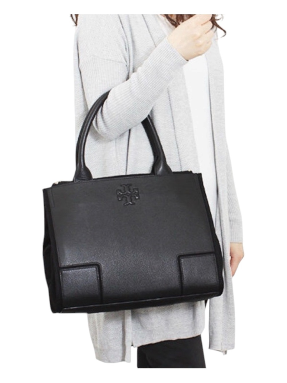 NWT Tory Burch Ella Black Canvas Leather Tote Bag - Large